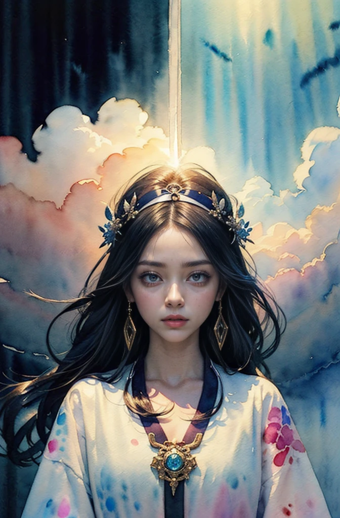 (Tabletop, Highest qualityの, Highest quality, Official Art, (beautifully、aesthetic:1.4), (Watercolor:1.4) ), (Izanami 1.5), 日本のgod話の女god, Majestic beauty, 創造の女god、生命の女god、Typically、((((Typically))))、Reincarnation Support, god'Grace, Gentle and meditative expressions, Flowing, celestial garments, Shine、Created all the landscapes and worlds on Earth, A dazzling dance of light, Whispers of Ancient Legends