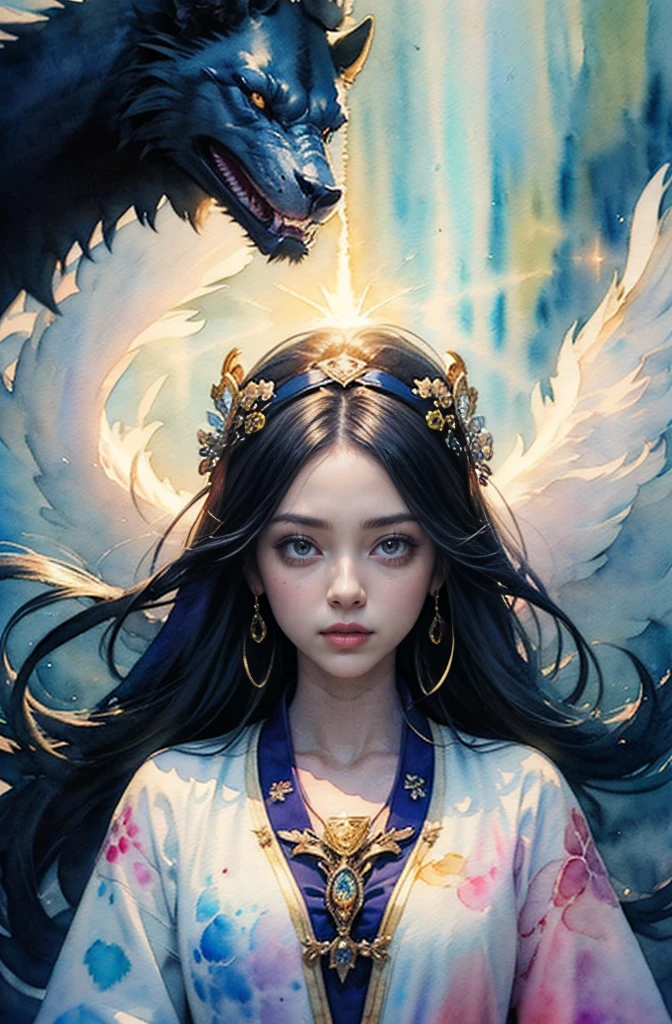 (Tabletop, Highest qualityの, Highest quality, Official Art, (beautifully、aesthetic:1.4), (Watercolor:1.4) ), (Izanami 1.5), 日本のgod話の女god, Majestic beauty, 創造の女god、生命の女god、Typically、((((Typically))))、Reincarnation Support, god'Grace, Gentle and meditative expressions, Flowing, celestial garments, Shine、Created all the landscapes and worlds on Earth, A dazzling dance of light, Whispers of Ancient Legends
