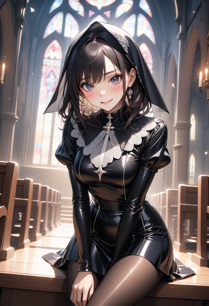 grim reaper, (Evil smile), (((Widow Costume, Leather panties, skirt, Pantyhose, Stiletto heels))), ((Shiny Costumes)), ((skindentation)), skinny, solo, 1 woman, Masterpiece, highest quality, highest quality, 16K, incredibly absurd, highly detailed, 2.5D, ai-generated, delicate and dynamic, very delicate facial expressions, delicate eye depiction, erotic, only sexy woman, ((A cute and kind face)), healthy figure, ((1 woman)), 160cm tall, medium firm swaying bust, Dark Hair, blush, Sweat,Embarrassed,sexy, ((thin thighs)), shiny and lustrous, facing straight at viewer, (((in heat))), ((Oily_skin)), ((Lots of sweat)), ((dutch angle)), ((erotic pose)), (((Dynamic Pose))), ((Transparent and sparkling costume)), ((Inside the church chapel)), (sit),