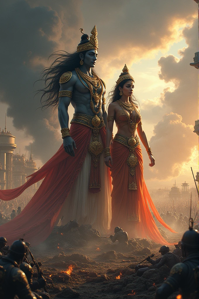 Lord vishnu with his sister parvati in a war field