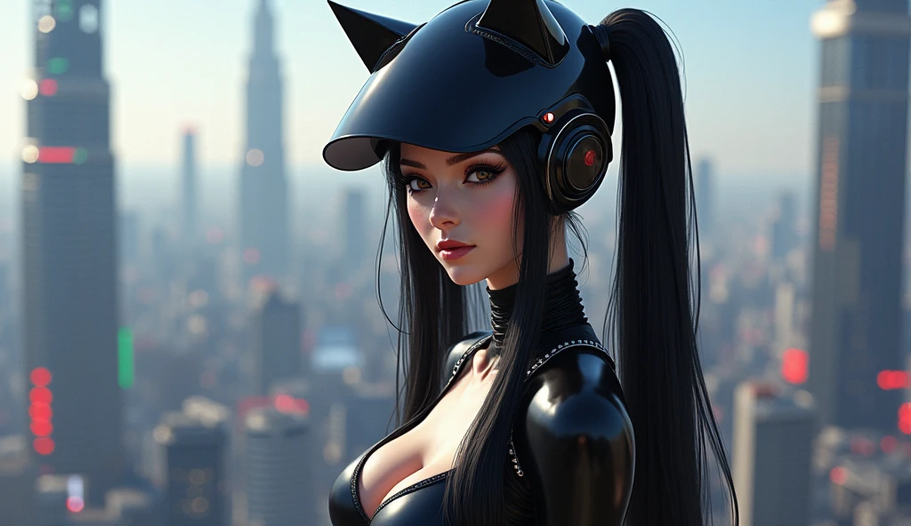 (masterpiece),(best quality),extreamly delicate and beautiful, long black straight hair, elegant hair, (30 years old, hazel eyes, hourglass figure, perfect fit body, natural big breasts), ((perfect female figure)),mature female,1 rider girl,bodysuit,black very long hair,twintails, purple eyes, cyberpunk city background,cat ears helmet,