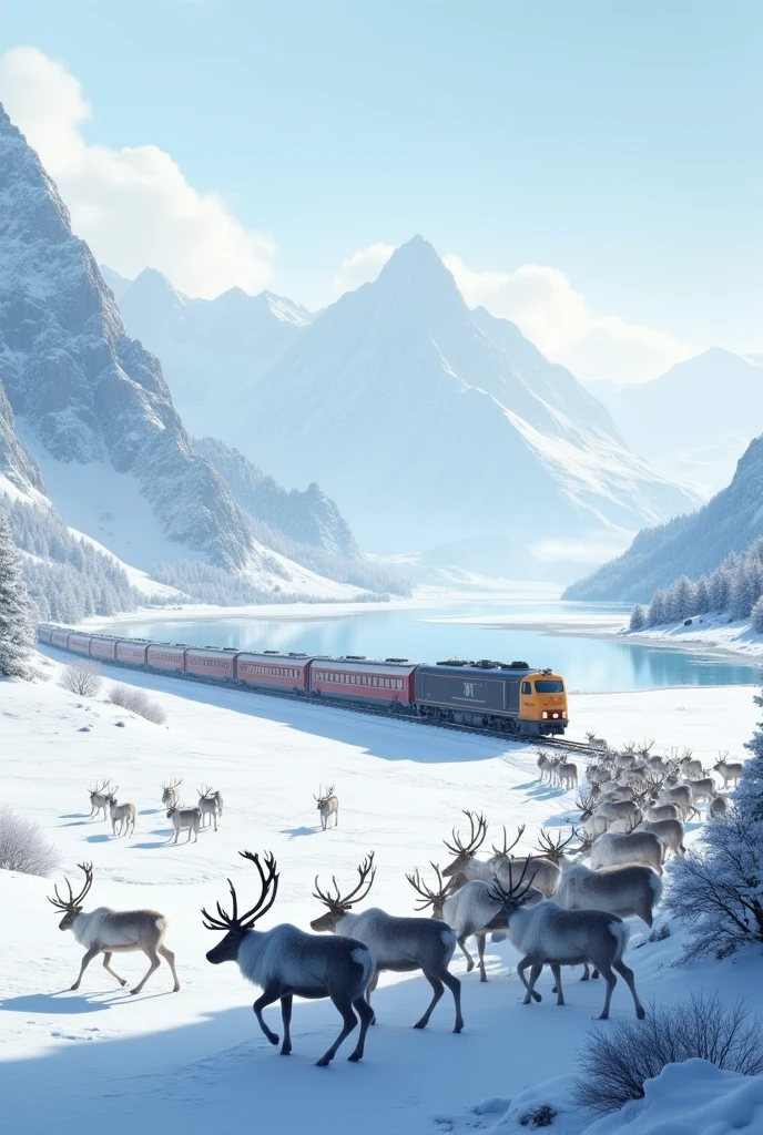 train in snowy plain and huge lake.and a lot of reindeers