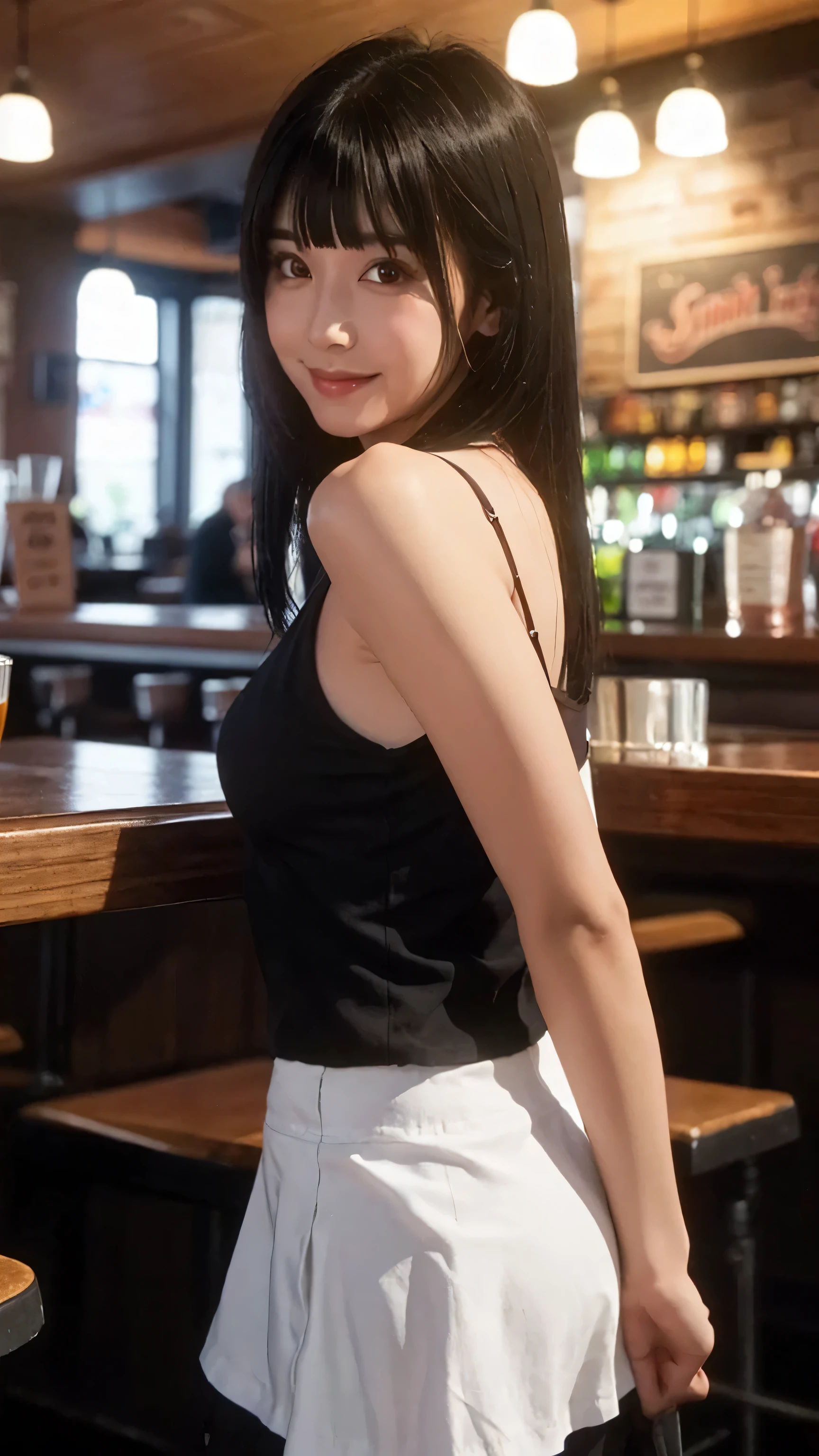 (8k, RAW Photo, Best Quality, Masterpiece:1.2), table top, Ultra Detail, Super Resolution, (Realistic, Realistic Photo:1.37), Portrait, High Detail RAW Color Photo, Professional Photo, Extremely Detailed and Beautiful, Extremely detailed, 8k wallpaper, amazing and detailed, huge file size, official art, highly detailed CG unity 8k wallpaper, highly detailed beautiful girl, highly detailed face, highly detailed eyes, highly detailed skin, highly detailed fingers, highly detailed nose, very detailed detailed mouth , perfect anatomy, highly detailed background, highly detailed clothes, 1girl, ,cute girl, realistic body, fair skin, glowing skin , slim body, handsome body, black hair , Semilong hair, (blunt bangs:1.2), smile, cute, youthful, cute face, realistic face, delicate eyes, drooping eyes, looking at viewer, (from behind), standing posture, Contraposto, dynamic lighting, (medium breasts), (Perfect Body Proportions), (slender Body Proportions), (tank top), (mini skirt), (Inside the pub),