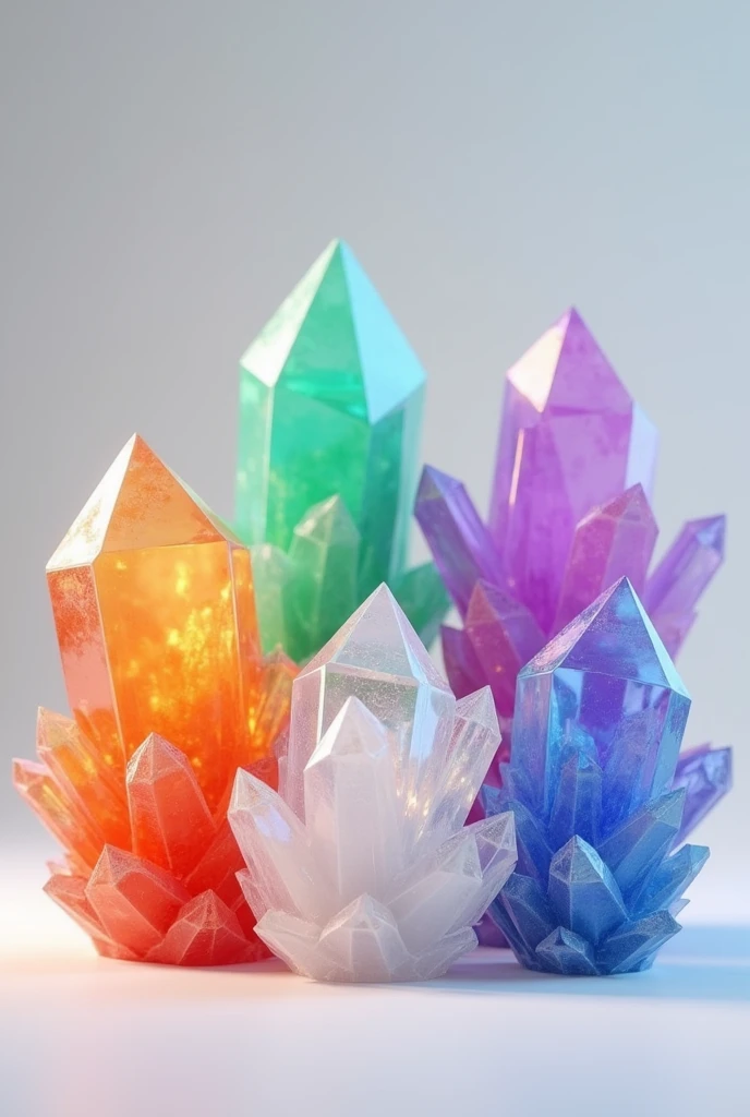 5 crystals,in orange,green,white,purple,and blue