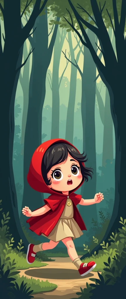 (masterpiece, best quality, 4k, expressive eyes, perfect face, 2d style, flat style, hand drawn, perfect Illustration), Cute and adorable face, big detailed eyes,, Cute girl, red riding hood, red hood, skirt, beige socks, red mary jane shoes, scared, running away from a wolf in a forest 