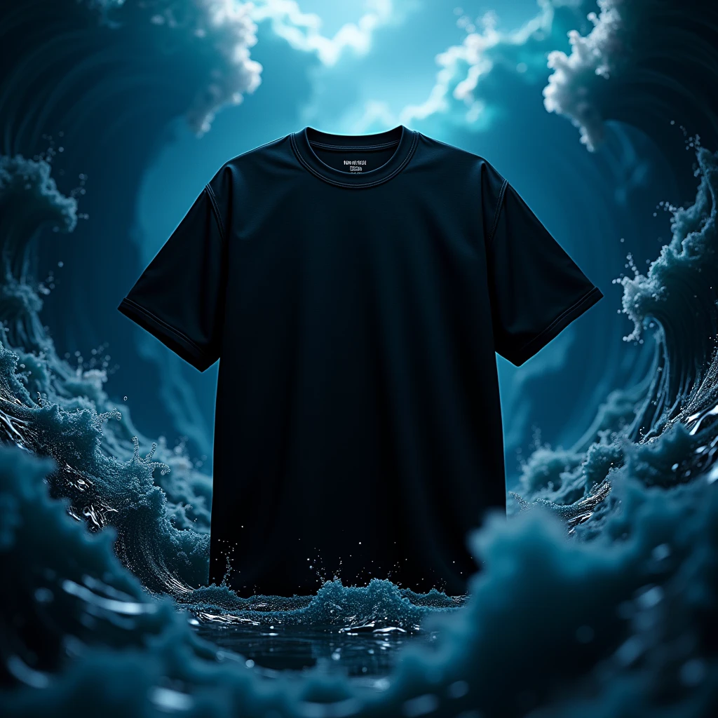 Deep blue tones and wave patterns with metallic and reflective accents, evoking the power of the ocean Deep blue tones and wave patterns with metallic and reflective accents, evoking the power of the ocean High fashion, fashion, style, editorial, magazine style, professional, highly detailed, 3d oversized t-shirt mockup, black color, streetwear style men by Virgil Abloh, NoirÉclat brand