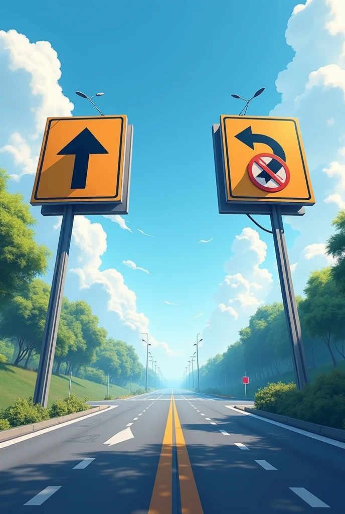 A road with two lanes and two large signs, one go ahead, black arrow and another with black arrow in the opposite direction with a ban on direction.