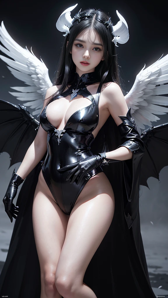 full body image, (Realistic picture, highest resolution, 16K), big wingsทุกปีก, (A demon with large wings and immense power., Twelve wings on the shoulders., Three black bat wings:1.5 , 3 white angel wings:1.5), Has 100 wings on the shoulders, There are 1000 wings that flow., Twelve wings on the shoulders., black bat wings:1.3 white angel wings:1.5), 6 angel wings, 6 devil wings, (Beautiful girl with two meter long hair, Shiny black hair, Smooth white skin, Lips are very red.), ((stand, Walk)), (big breasts, big tits), (gigantic breast, breast augmentation, Breast 400 cc., small waist, hips raised, small thighs, Long legs), (dynamic poses), (Armor that slightly conceals the body), Separate theme, (Angel wings and devil wings), Floating from the air above the ground, Isolated sky background, Embraced with twelve wings, The horns that grow from the head are like a crown., He who has light, wears little armor, There is power coming out of the body., sparkling wings, white light black light, amazing wings, beautiful gesture, 8K resolution, beautiful gesture, Angel wings and devil wings, (Realistic picture, highest resolution), (Large, powerful wings, Wings are much larger than the model&#39;s body.), (RAW shooting:1.5, realistic:1.5, dark fantasy:1.5), (Highest quality, Masterpiece, Ultra high resolution), The Desolated Demon World, ((Perfect dynamic composition:1.7, Detailed tattoos all over the body:1.6, Wear exquisite jewelry:1.6)), Highly detailed skin and facial features:1.3, Details of the limbs, (ปีศาจซัคคิวบัสสุดเซ็กซี่big wings:1.3, beautiful and beautiful:1.3), War between gods and demons, chaos, darkness, fight, (Tight black leather outfit:1.3), big breastsที่กำลังจะระเบิด, Don&#39;t show your nipples, ช่องว่างbig breasts, Large breasts close together, (The expression on your face when you feel a strong touch., Facial expressions when feeling pleasure, A look sunk in joy), beautiful blue eyes, Eyes that give a feeling of elegance and beauty, sexy face, Blush, (Too erotic and cute:0.9, Fascinating:0.9), (An incomprehensible amount of fluid flows throughout the body., Six pairs of large wings, Large devil wings, The size of the devil&#39;s wings, Amazing wings, The bloodline of the gods and demons is strong., Can see the whole body, big wings, Wingspan