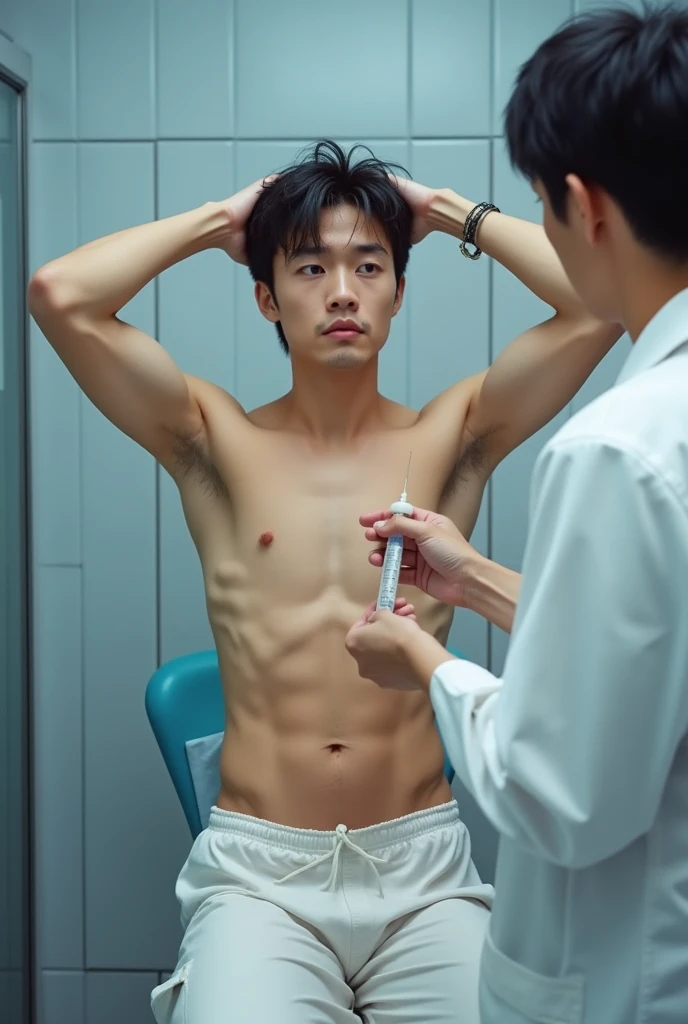 1boy、Handsome Men、Japanese male, 、Completely naked、Full nudity、erection、Huge penis、Highest quality、Realistic、beautiful、Sad look、Being examined at a hospital、A doctor in a white coat with a syringe next to him、Arms above head、Photo Quality