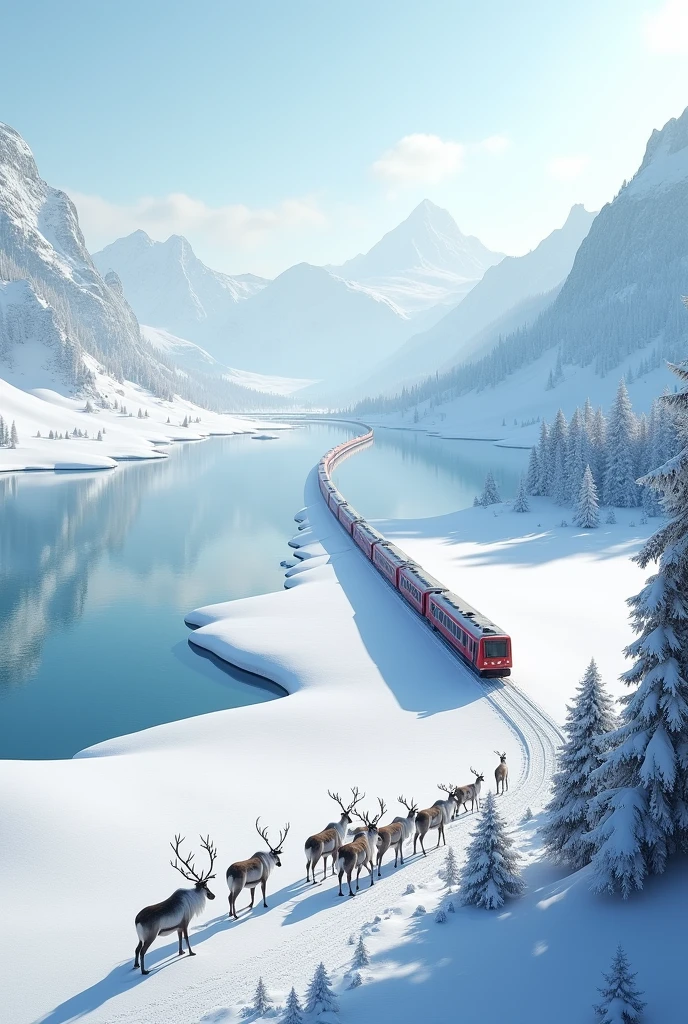 train in snowy plain and huge lake.and a lot of reindeers