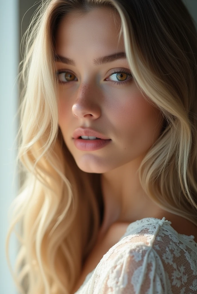 (high definition photography:1.6), Best Quality, professional portrait, ultra detailed, 8k, Professional lighting, F2.8, head shot, pretty girl, Beautiful, Perfect skin, (long light hair:1.3), very detailed light brown eyes, detailed skin, (Pale skin:1.2), bokeh
