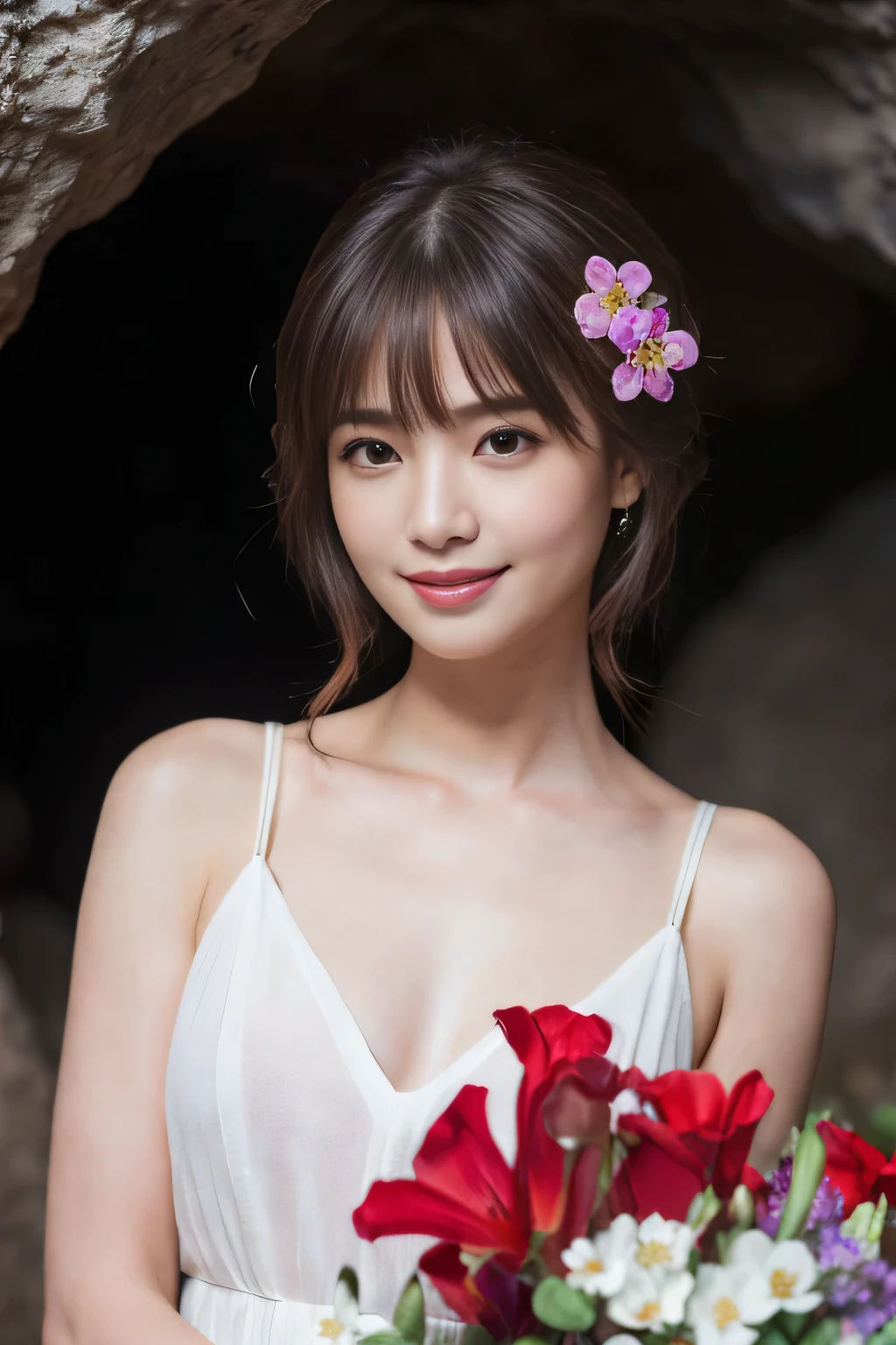 ((Tabletop:1.4, Highest quality)), (Realistic photos:1.4),
((1 girl)), (Pure actress), (dream-like),
(超High resolution:1.2), Very delicate and beautiful, wonderful, Highly detailed CG Unity 8K wallpapers, Very detailed, High resolution,
Soft Light, Beautiful detailed, Very detailed目と顔, Beautiful and detailed nose, Beautiful and detailed,
(Wear casual clothes:1.3),
Cinema Lighting, Perfect Anatomy, Slender body, (Parted bangs),
(A flower garden in a cave:1.3), (Flowers Blooming in the Dark々The brilliance:1.5), (Light and dark emphasis), (wonderful美しさ),
Cowboy Shot, Looking at the audience, (smile)