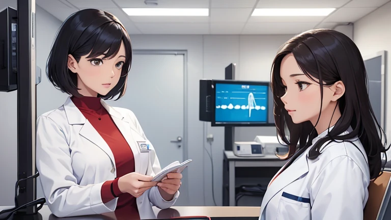 A female doctor in a white coat、Please draw an illustration of a doctor examining a patient in a hospital examination room.。The female doctor is explaining things to the patient kindly.、In the background, a desk with medical equipment and charts is depicted.。