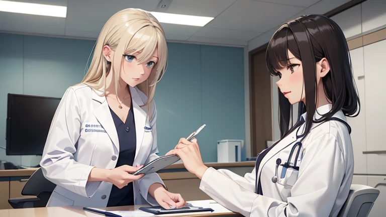A female doctor in a white coat、Please draw an illustration of a doctor examining a patient in a hospital examination room.。The female doctor is explaining things to the patient kindly.、In the background, a desk with medical equipment and charts is depicted.。