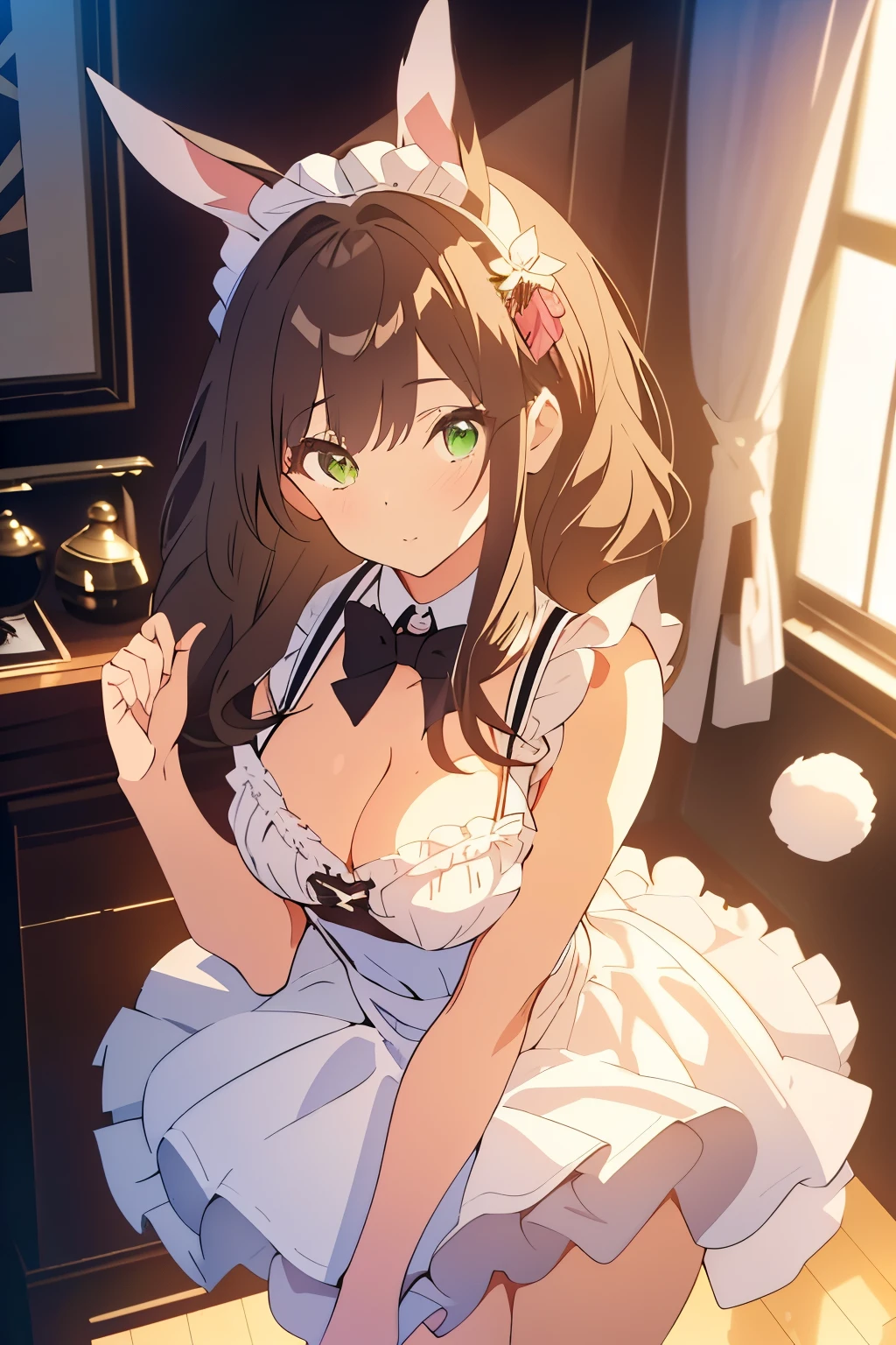 ((masterpiece, Highest quality, High resolution, 超High resolution, Pixel perfect, Written boundary depth, 4K, RTTX 10.0, High resolution))), 1 person, single, alone, Beautiful Anime, Beautiful art style, Anime characters, ((Shortcuts, bangs, Dark brown hair)), ((Green Eyes:1.4, Round eyes, Beautiful eyelashes, current eyes)), ((Smooth texture:0.75, Anime CG style)), ((Dynamic Angle, close)), Perfect body, (cute), Normal chest, whole body, ((4K, 8k, Highest quality, Perfect Fingers: 1.3, Perfect Anatomy: 1.3, Background Blur)), whole bodyアングル, Illustration of a bunny girl in a maid outfit, The character is dressed in a bunny girl outfit that is a take on the classic maid outfit.、In a black and white maid outfit with frills and ribbons、With rabbit ears and a tail, The background depicts a room in a classic Western-style mansion.、The overall scene has a cute and elegant atmosphere.