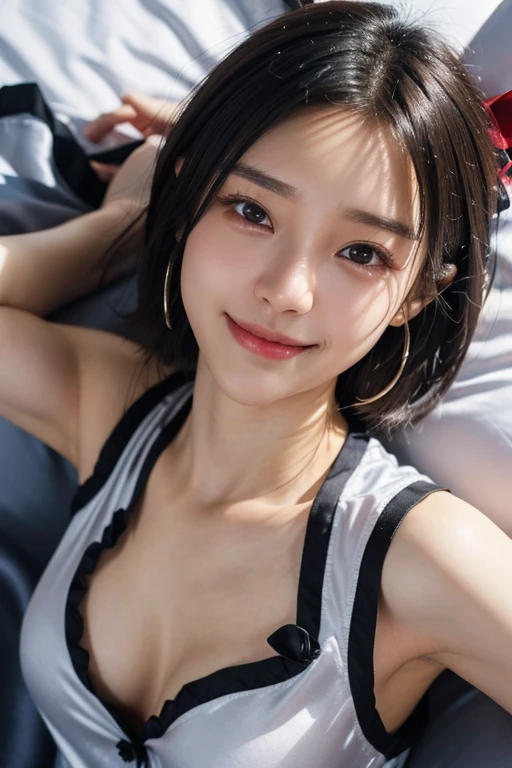 (2 Japanese girl,), (Small breasts:1.5,),(solo,,Textured skin, Detailed skin,Detailed face,Detailed eyes,detailed posing,Natural eyebrows,Sparkling Eyes,High detail, Highest quality, Super detailed, Surrealism, ,8k,RAW Photos,Photographicism,Professional Lighting,Portrait Photography,Soft Light),((Black Hair, Natural Makeup,Simple earrings, Bob Hair,smile,ribbon)),(((bed,Silk pajamas)))