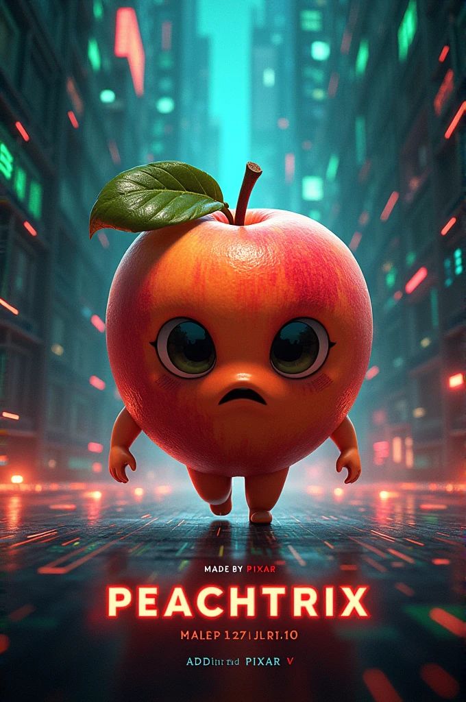 The matrix movie poster but replace the human with peach with the movie title "peachtrix" and release date and a text saying "made by pixar"
