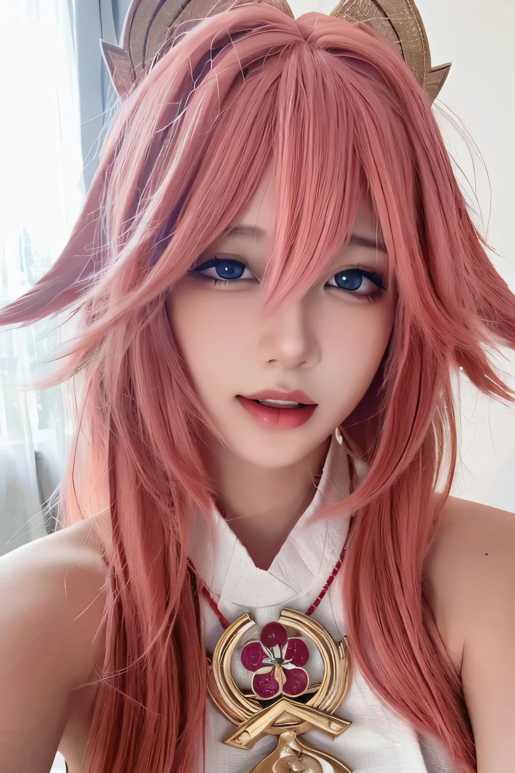 (masterpiece:1.3),best quality,high resolution,unity 8k wallpaper,(illustration:1),perfect lighting,photo_\(medium\),photorealistic,realistic,finely detail,extremely detailed,soft lighting and shadow,soft yet striking lighting,film grain:1.2,yae miko,1girl,solo,pink hair,blue eyes,portrait,long hair,fox ears,yae sakura,hair between eyes,lips,bangs,parted lips,looking at viewer,animal ears,teeth,fang,
