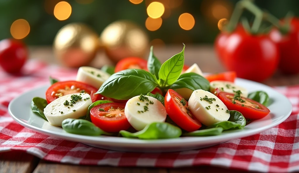 "A captivating photo of a plate of Caprese Salad showcasing fresh mozzarella, tomatoes, and basil, with a festive red and white checkered tablecloth. The dish could be decorated with a small golden ornament or a celebratory banner.