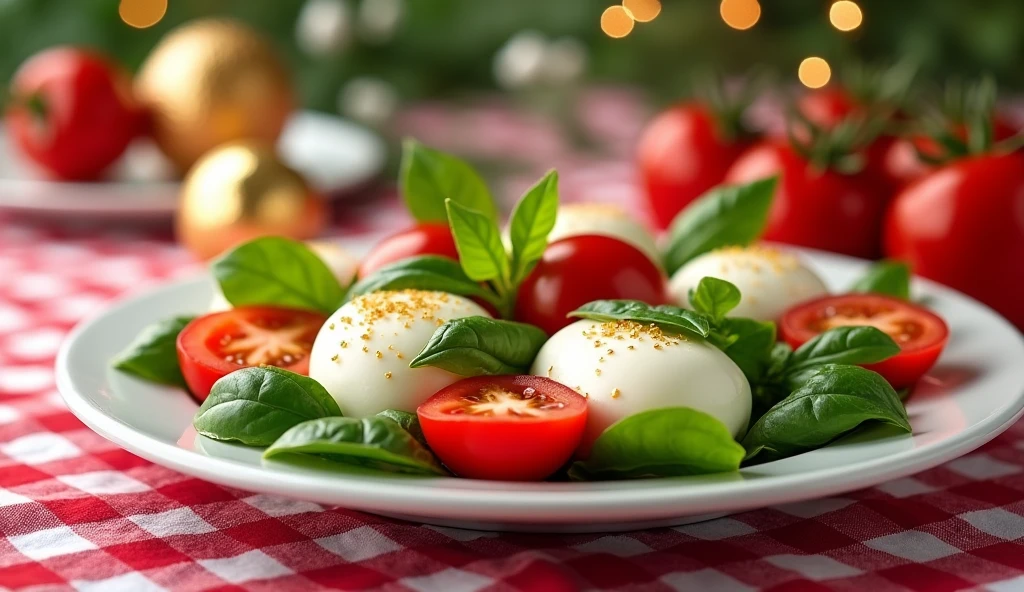 "A captivating photo of a plate of Caprese Salad showcasing fresh mozzarella, tomatoes, and basil, with a festive red and white checkered tablecloth. The dish could be decorated with a small golden ornament or a celebratory banner.