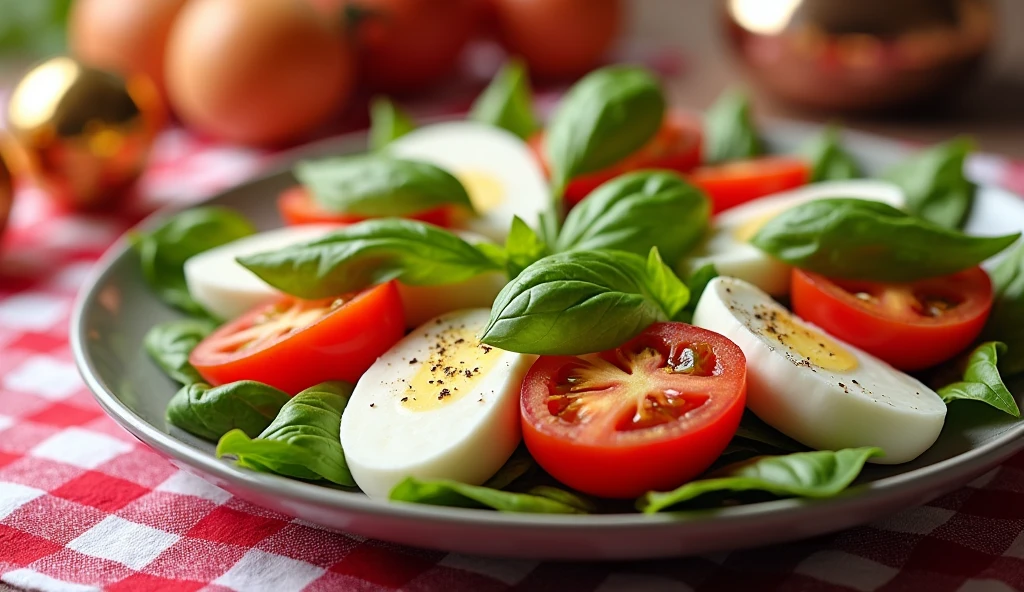 "A captivating photo of a plate of Caprese Salad showcasing fresh mozzarella, tomatoes, and basil, with a festive red and white checkered tablecloth. The dish could be decorated with a small golden ornament or a celebratory banner.