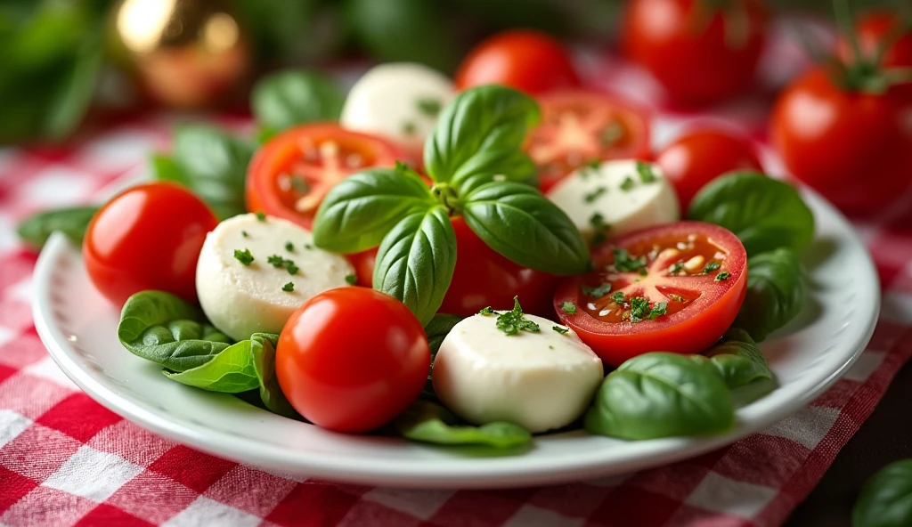 "A captivating photo of a plate of Caprese Salad showcasing fresh mozzarella, tomatoes, and basil, with a festive red and white checkered tablecloth. The dish could be decorated with a small golden ornament or a celebratory banner.