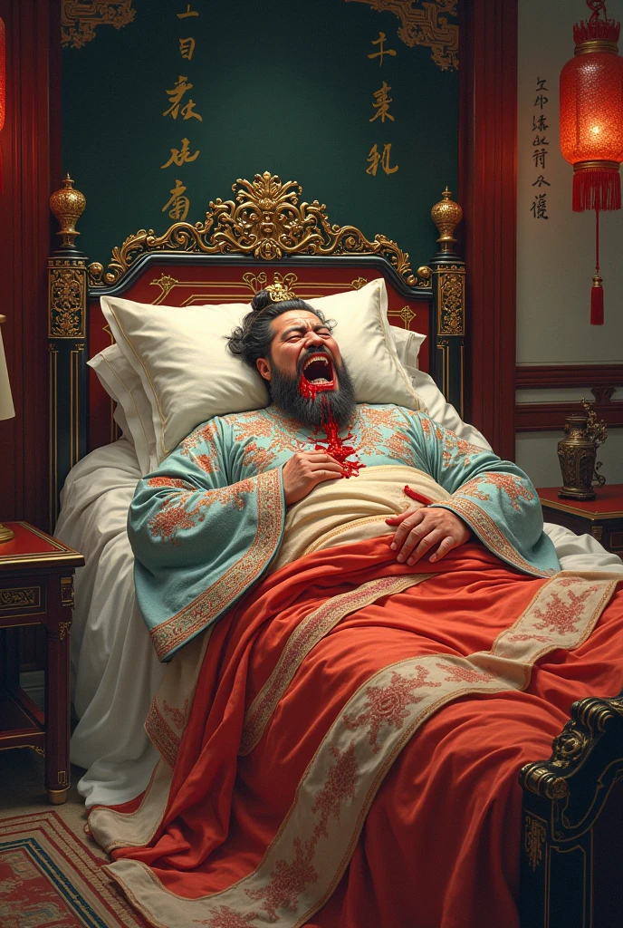the emperor, vomitting blood, in bed, chinese style