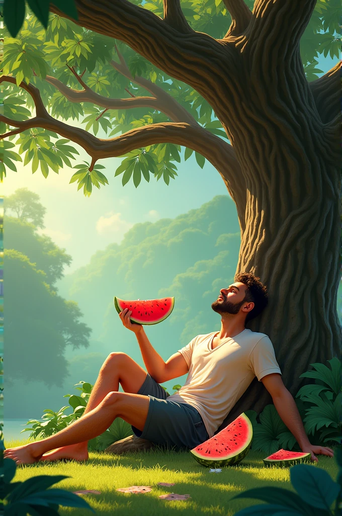 A man is lying under a large banyan tree, peacefully eating a watermelon. He is relaxed, holding a large slice of watermelon in one hand, with the half-eaten watermelon placed beside him.