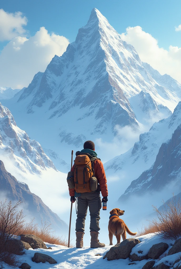 A travel boy of age 22 having bag pack in his back looking in the front to a snow mountain  little clods at the top of mountain and boy having a dog and one stick in his hand and another with water bottle looking realistic 