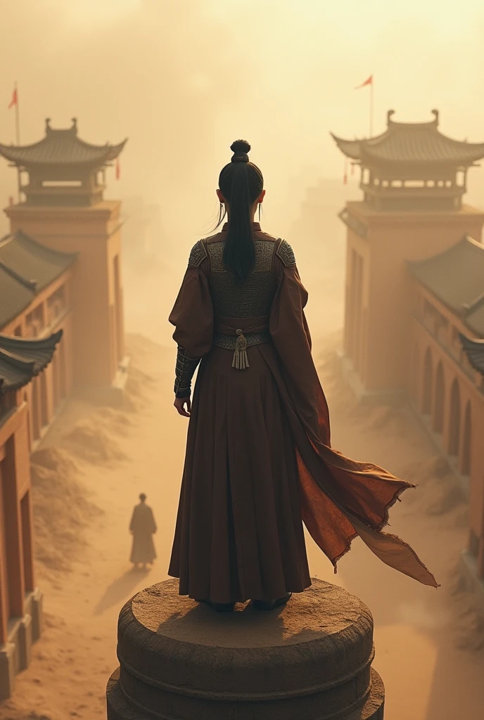 During the Tang Dynasty of China, a young woman in a dark brown armored general's uniform stood on a city gate building, looking out ahead at the figure of a man walking through the dust and mist towards the city gate. The atmosphere outside the gate was sandy and sometimes dusty from the wind.