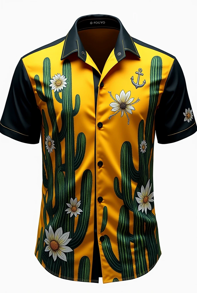 A black and yellow silk men's Shirt with cactus patterns and a tiny anchor on the left side