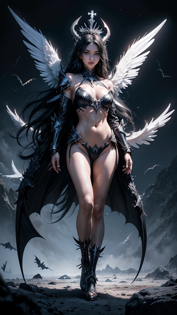 full body image, (Realistic picture, highest resolution, 16K), Big wings every year, (A demon with large wings and immense power., Twelve wings on the shoulders., Three black bat wings:1.5 , 3 white angel wings:1.5), Has 100 wings on the shoulders, There are 1000 wings that flow., Twelve wings on the shoulders., black bat wings:1.3 white angel wings:1.5), 6 angel wings, 6 devil wings, (Beautiful girl with two meter long hair, Shiny black hair, Smooth white skin, Lips are very red.), ((stand, Walk)), (big breasts, big tits), (gigantic breast, breast augmentation, Breast 400 cc., small waist, hips raised, small thighs, Long legs), (dynamic poses), (Armor that slightly conceals the body), Separate theme, (Angel wings and devil wings), Floating from the air above the ground, Isolated sky background, Embraced with twelve wings, The horns that grow from the head are like a crown., He who has light, wears little armor, There is power coming out of the body., sparkling wings, white light black light, amazing wings, beautiful gesture, 8K resolution, beautiful gesture, Angel wings and devil wings, (Realistic picture, highest resolution), (Large, powerful wings, Wings are much larger than the model's body.), (RAW shooting:1.5, realistic:1.5, dark fantasy:1.5), (Highest quality, Masterpiece, Ultra high resolution), The Desolated Demon World, ((Perfect dynamic composition:1.7, Detailed tattoos all over the body:1.6, Wear exquisite jewelry:1.6)), Highly detailed skin and facial features:1.3, Details of the limbs, (A sexy succubus with big wings.:1.3, beautiful and beautiful:1.3), War between gods and demons, chaos, darkness, fight, (Tight black leather outfit:1.3), big breastsที่กำลังจะระเบิด, Don't show your nipples, ช่องว่างbig breasts, Large breasts close together, (The expression on your face when you feel a strong touch., Facial expressions when feeling pleasure, A look sunk in joy), beautiful blue eyes, Eyes that give a feeling of elegance and beauty, sexy face, Blush, (Too erotic and cute:0.9, Fascinating:0.9), (An incomprehensible amount of fluid flows throughout the body., Six pairs of large wings, Large devil wings, The size of the devil's wings, Amazing wings, The bloodline of the gods and demons is strong., Can see the whole body, Big wings, Wide wings