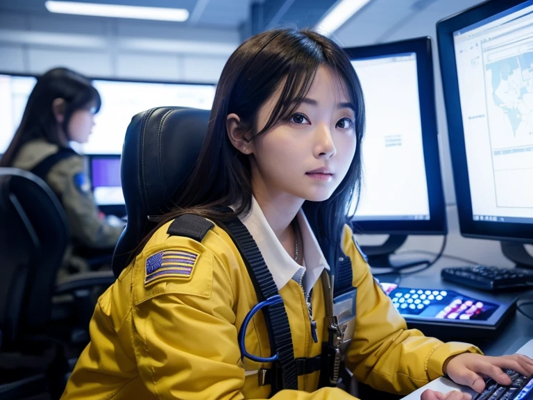 Female officer of the Space Defense Force、beautiful、Reluctant expression、(((cool)))、Operating a computer in the control room