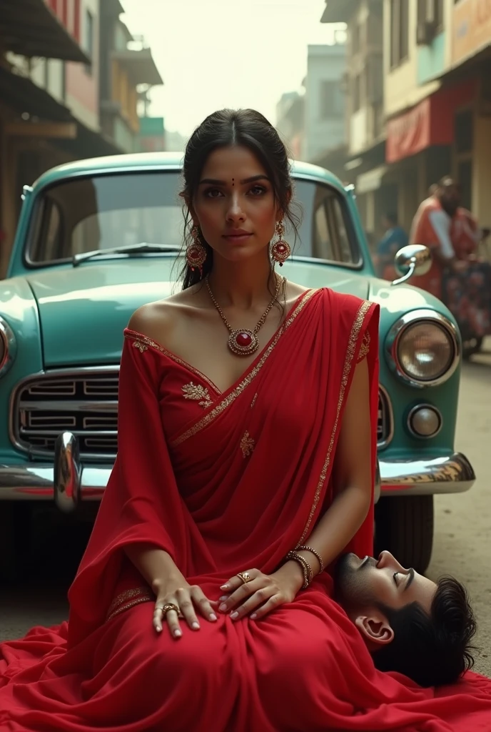 A woman is with his read saree, navel sitting in front of car in a towan and a men is sleeping under her leg