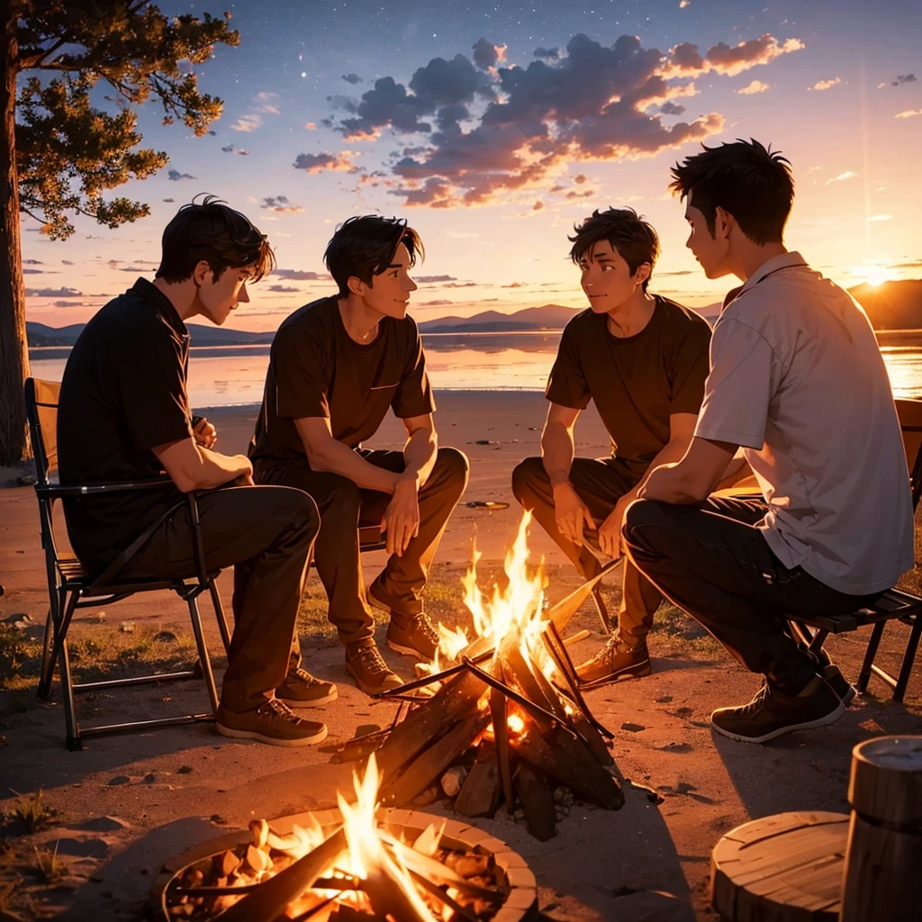 Three men sat around a campfire, watching the sunset and talking.