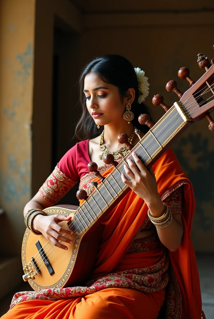 Full photo of women playing sitar with traditional outfit