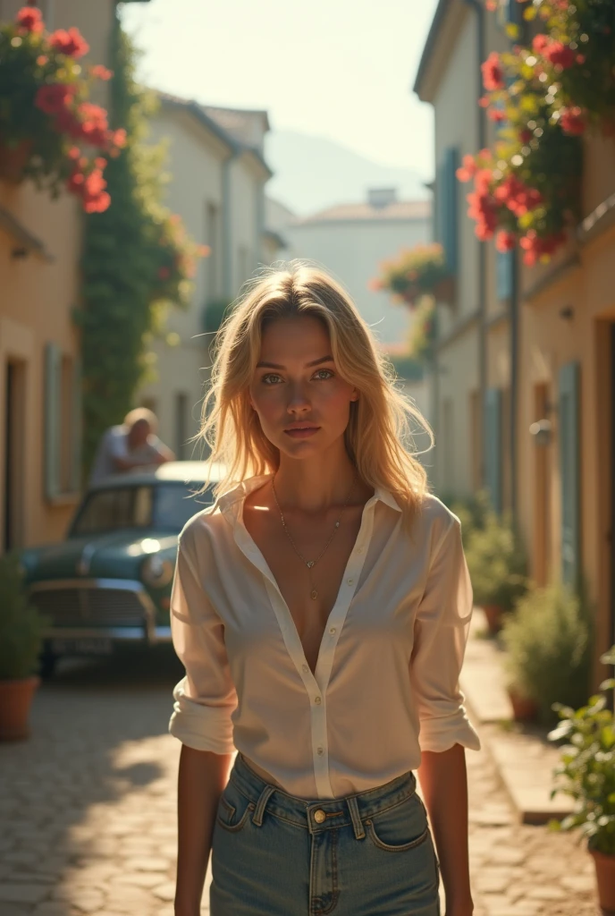 a blonde girl, 18-years old, T-shirt allows you to see nipples.follows a typical street in the villages of Provence. Man changing the tire on his old Renault. Walks towards the viewer. Flower boxes in houses .Filtro Foggy, David Hamilton Style.