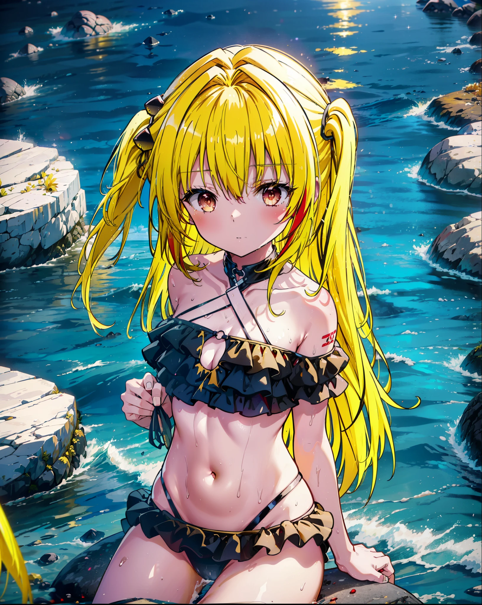 toloverumy, my, (Yellow Hair:1.5), Long Hair, (Red eyes:1.5), (hair ornaments:1.2), Both sides up, Black frilly bikini swimsuit,Wet Hair,Wet swimsuit,Wet Skin,barefoot,Sitting on a big rock,Rocky area,night,moonlight,meteor,whole bodyがイラストに入るように,
break outdoors, Beach,
break looking at viewer, whole body, (Cowboy Shot:1),
break (masterpiece:1.2), Highest quality, High resolution, unity 8k wallpaper, (figure:0.8), (Beautiful attention to detail:1.6), Highly detailed face, Perfect lighting, Highly detailed CG, (Perfect hands, Perfect Anatomy),