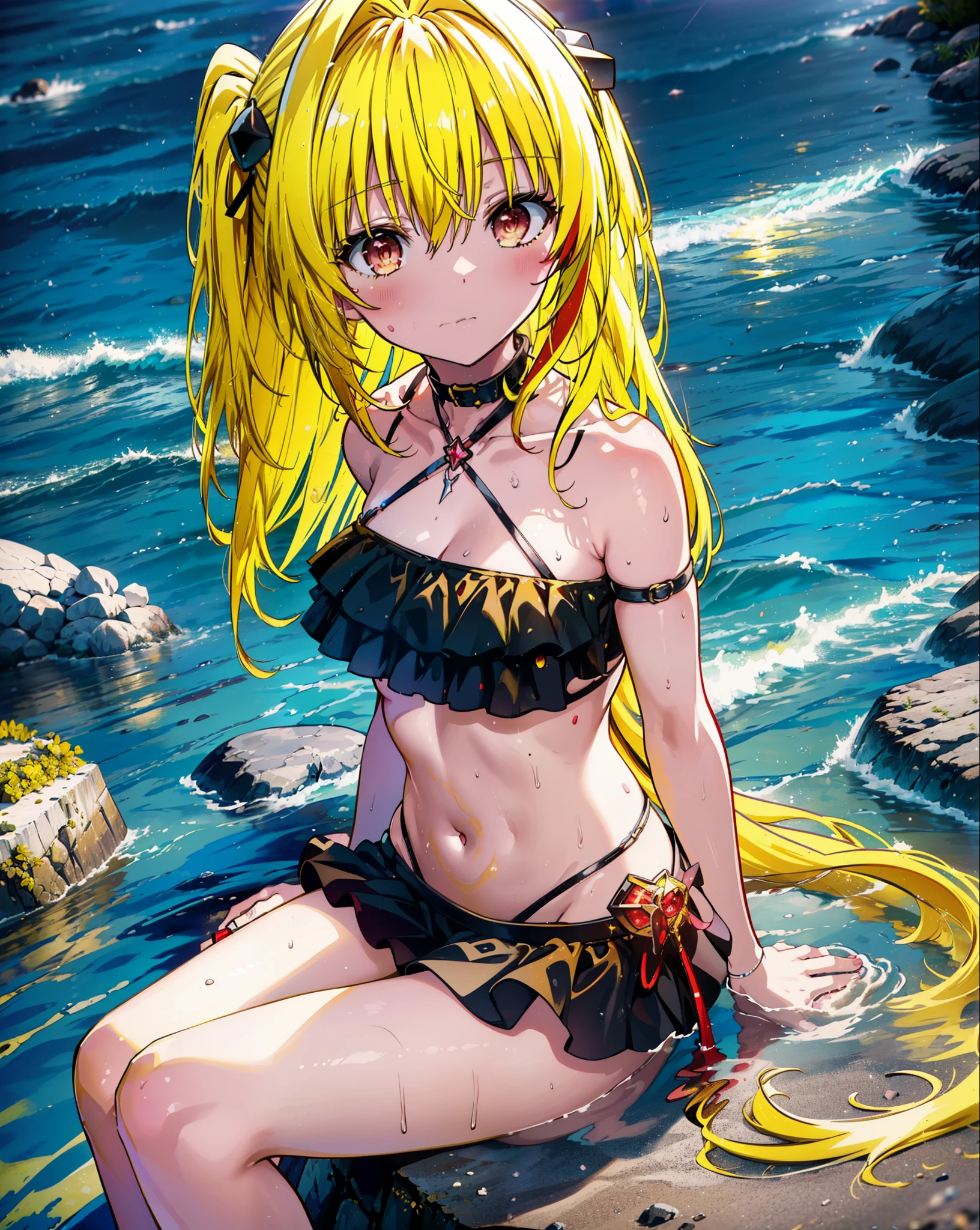 toloverumy, my, (Yellow Hair:1.5), Long Hair, (Red eyes:1.5), (hair ornaments:1.2), Both sides up, Black frilly bikini swimsuit,Wet Hair,Wet swimsuit,Wet Skin,barefoot,Sitting on a big rock,Rocky area,night,moonlight,meteor,whole bodyがイラストに入るように,
break outdoors, Beach,
break looking at viewer, whole body, (Cowboy Shot:1),
break (masterpiece:1.2), Highest quality, High resolution, unity 8k wallpaper, (figure:0.8), (Beautiful attention to detail:1.6), Highly detailed face, Perfect lighting, Highly detailed CG, (Perfect hands, Perfect Anatomy),