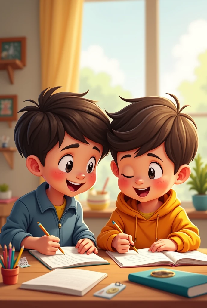 Twins  cartoon boy of five years old. They   are  doing their   home  work 