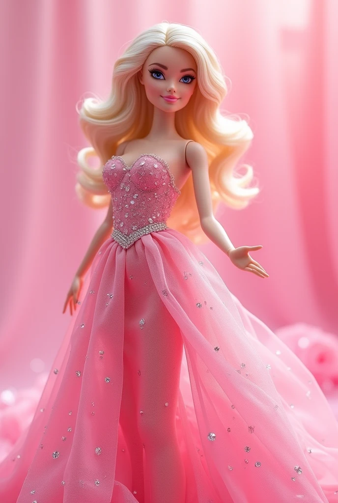 Embrace the essence of elegance with this stunning Barbie doll, perfectly poised in her pink dress against a backdrop of soft pink walls. A celebration of style and femininity! 💖✨ #BarbieStyle #PinkPerfection #DollLife