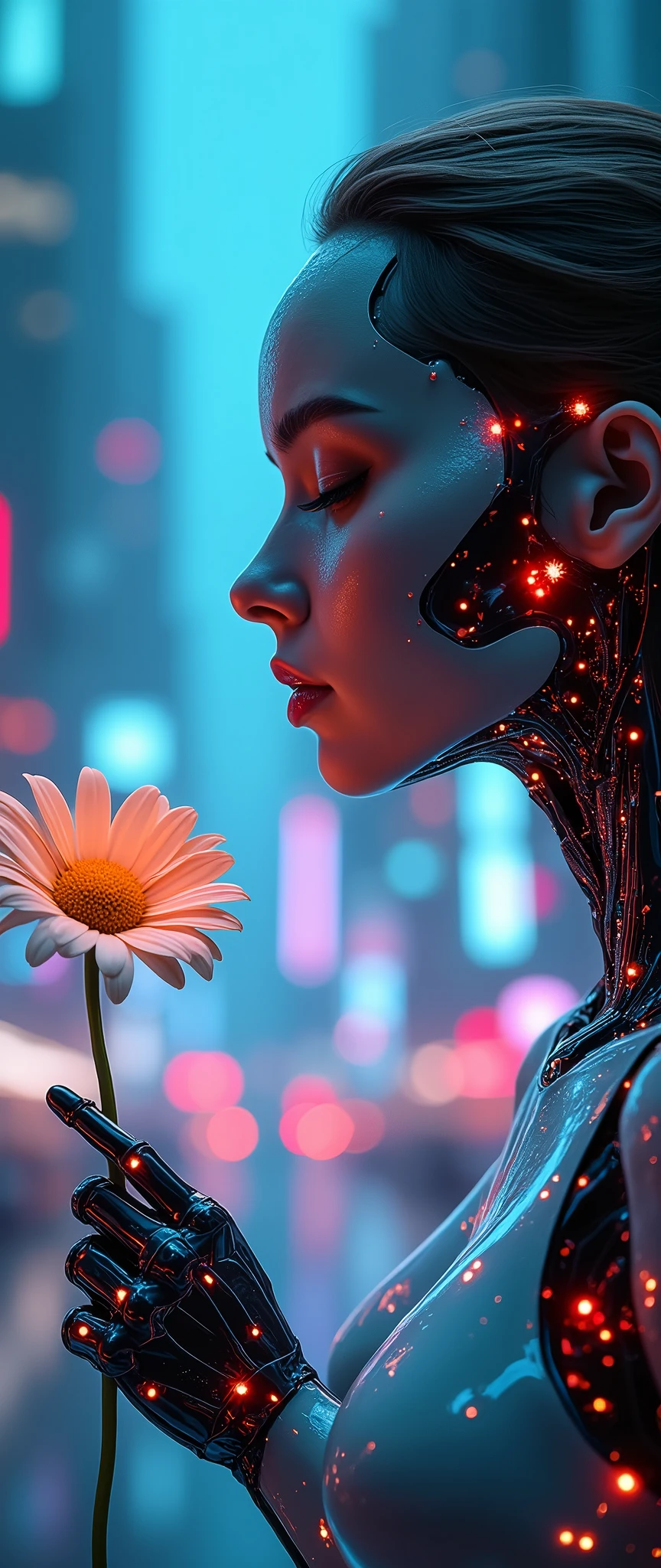 (masterpiece:1.2,Exceptional Quality,mirror-like,Cinematic Experience,Photorealistic,RAW Photos,Super detailed),8k,wallpaper,(A beautiful multiple exposure combining a female cyborg and a futuristic neon city:2.0),(The background is a futuristic city lit up in neon:2.0),(Create the outline of a female cyborg holding a daisy flower:2.0),Sharp lines,Sharp Focus,Double Exposure,Full Color,(Detailed Female Hands:2.0),(Beautiful female hands:2.0)
