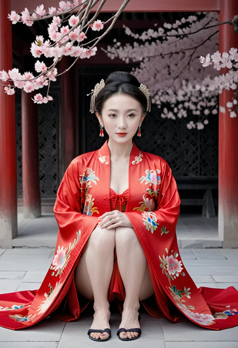 Empress of the Qing Dynasty, A nude woman wearing a red floral Hanfu jacket, Squat down with your legs wide apart, Front view, Inside the Qing Dynasty Palace