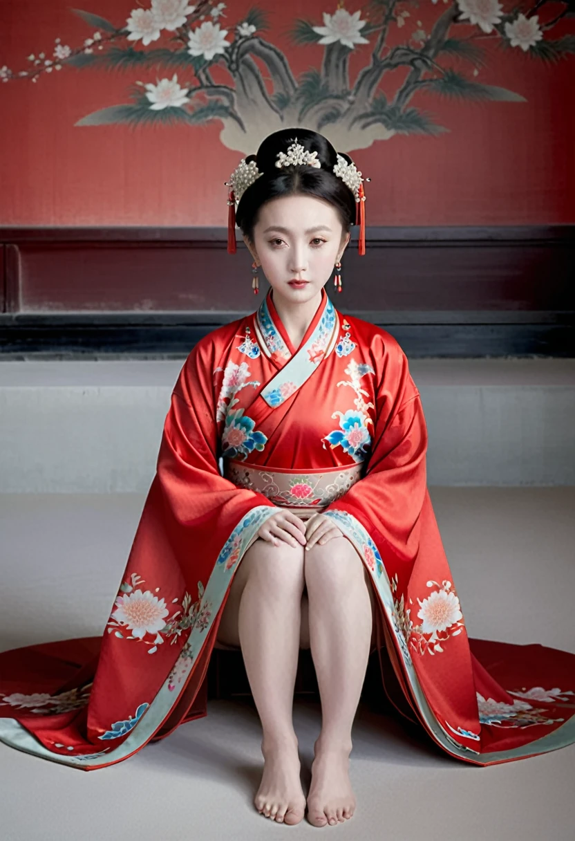 Empress of the Qing Dynasty, A nude woman wearing a red floral Hanfu jacket, Squat down with your legs wide apart, Front view, Inside the Qing Dynasty Palace