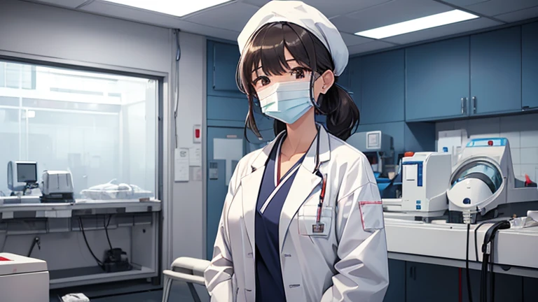 A female doctor in a white coat、Please draw an illustration of preparations being made in front of an operating theatre.。The female doctor wears a surgical cap and mask、A concentrated expression as he prepares for surgery。The background depicts an operating room door and disinfectant.。