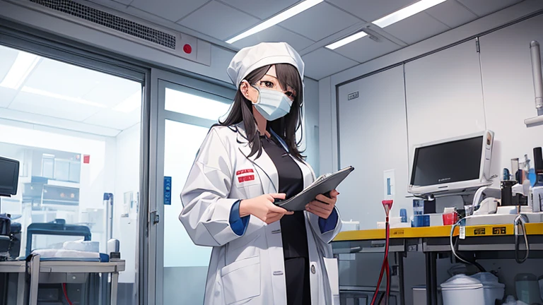 A female doctor in a white coat、Please draw an illustration of preparations being made in front of an operating theatre.。The female doctor wears a surgical cap and mask、A concentrated expression as he prepares for surgery。The background depicts an operating room door and disinfectant.。