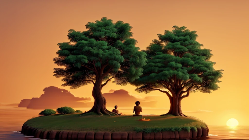 A beautiful clearing in the forest, bathed in the golden light of the setting sun, where Tinku waves goodbye to Meera as he floats toward his home in the giant, ancient tree.