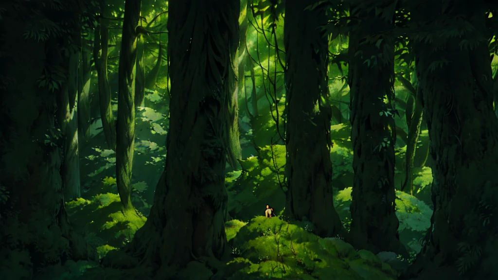 Mystical Forest: "A lush, mystical forest with towering ancient trees, their branches intertwined to form a natural canopy. Sunlight filters through the leaves, casting dappled light on the moss-covered ground. The forest floor is dotted with vibrant wildflowers and small, hidden creatures. A stone path leads deeper into the forest, inviting exploration. The scene is reminiscent of the enchanted forests seen in Studio Ghibli films."