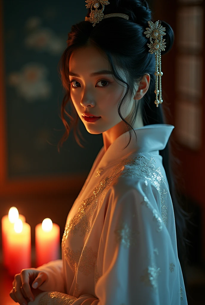 ((no)), best quality, Masterpiece, height, 1 girl, Chinese Hanfu, Chinese Architect Background, decorationsผม, necklace, decorations, Beautiful face, full body, Tyndall Effect, realistic, dark studio, By the light, Two tone light, (Highly detailed skin:1.2), 8g UHD, dslr, soft light, High quality, Volumetric light, Candlelight, Dark reflection, The shadow is not dark, High Key, photograph, high resolution, 4K, 8ก, Bokeh. from the front, Cowboy style photo of the upper torso of a female model, approximately 21-2.. Female model girl is wearing Chinese Hanfu that is classic traditional clothing of Tang Dynasty period and white color and ancient oriental long robe and made of very sheer and transparent silk so very see through bare skin, wearing nothing under her Chinese Hanfu, with closed her chest by her Chinese Hanfu, with all back covered by her Chinese Hanfu. The model has a deep bust., big breasts, Round and bouncy breasts, Anatomically correct pink nipple and areola, Small and slim waist, wide hips, charming thighs, The target has a lot of diamond hair., Clean vagina, so all of them are covered by her Chinese Hanfu, But it&#39;s all blurry and I can&#39;t see through it..