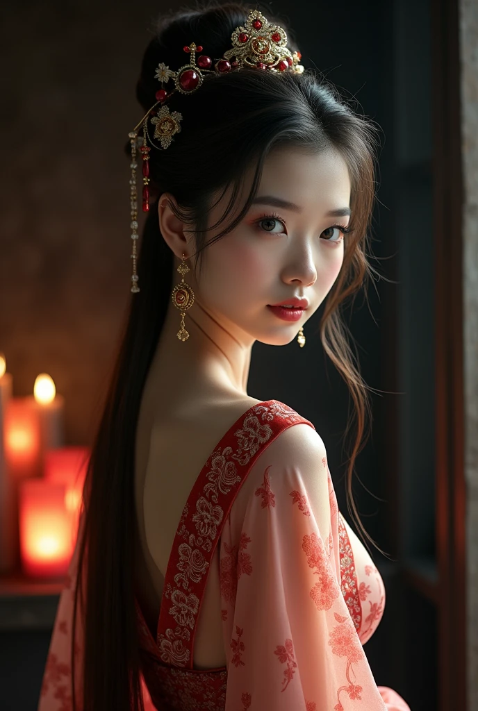 ((no)), best quality, Masterpiece, height, 1 girl, Chinese Hanfu, Chinese Architect Background, decorationsผม, necklace, decorations, Beautiful face, full body, Tyndall Effect, realistic, dark studio, By the light, Two tone light, (Highly detailed skin:1.2), 8g UHD, dslr, soft light, High quality, Volumetric light, Candlelight, Dark reflection, The shadow is not dark, High Key, photograph, high resolution, 4K, 8ก, Bokeh. from the front, Cowboy style photo of the upper torso of a female model, approximately 21-2.. Female model girl is wearing Chinese Hanfu that is classic traditional clothing of Tang Dynasty period and white color and ancient oriental long robe and made of very sheer and transparent silk so very see through bare skin, wearing nothing under her Chinese Hanfu, with closed her chest by her Chinese Hanfu, with all back covered by her Chinese Hanfu. The model has a deep bust., big breasts, Round and bouncy breasts, Anatomically correct pink nipple and areola, Small and slim waist, wide hips, charming thighs, The target has a lot of diamond hair., Clean vagina, so all of them are covered by her Chinese Hanfu, But it's all blurry and I can't see through it..